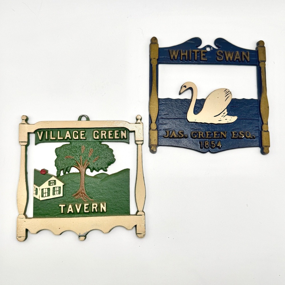Vintage EMIG Cast Aluminum Tavern Plaques Set 2 White Swan Village Green USA